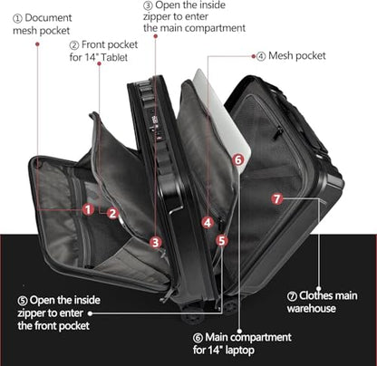 TydeCkare 16" Carry on Luggage with 2 Laptop Compartments Airline Approved - color: Black