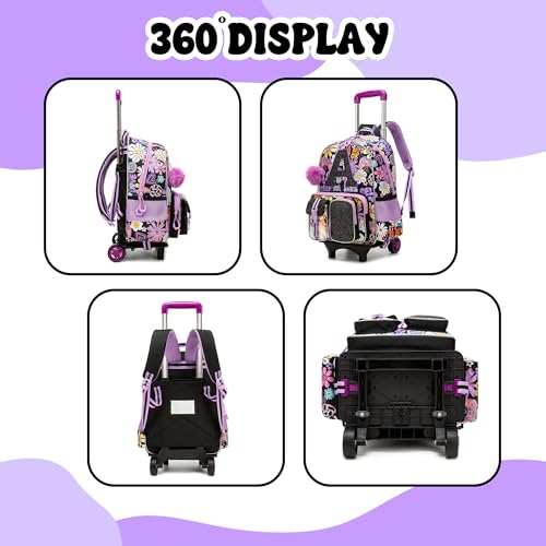 Meetbelify 3 in 1 Backpack with Wheels for Girls Rolling Letter Backpack Cute Carry on Backpack Kids Luggage with Lunch Box Pencil Case for Elementary Student - color: Black Flower