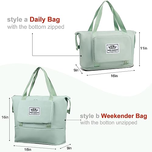 ZGWJ Travel Tote Bags, Expandable Overnight Weekender Bag for Women Foldable Carry-On - color: Green