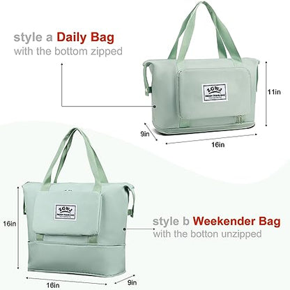 ZGWJ Travel Tote Bags, Expandable Overnight Weekender Bag for Women Foldable Carry-On - color: Green