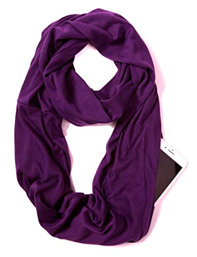 elzama Infinity Loop Solid Color Scarf With Hidden Zipper Pocket For Women - Lightweight Travel Neck Wrap - color: 05-dark Purple