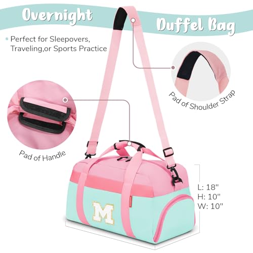 Initial Kids Duffle Bag for Boys or Girls, Kids Overnight Bag with Shoe Compartment, Personalized Weekender bags, Birthday Gifts for Women Boys Girls(Pink Green-Letter M) - color: Pink Green, style: M