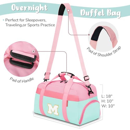 Initial Kids Duffle Bag for Boys or Girls, Kids Overnight Bag with Shoe Compartment, Personalized Weekender bags, Birthday Gifts for Women Boys Girls(Pink Green-Letter M) - color: Pink Green, style: M