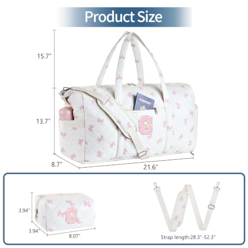 Personalized Quilted Duffle Bag for Travel Gym Weekender Hospital Carry On - color: Pink Bow, size: G