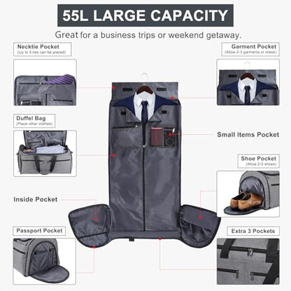 Bukere Carry on Garment Bag for Travel, Convertible Travel Duffel Suit Bag with Backpack Straps, Shoe Compartment, 3 in 1 Weekender Suit Bag for Men Women - color: Backpack Grey
