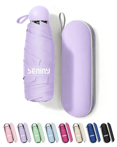 Seniny Mini Travel Umbrella with Case, Compact Pocket Size UV Sun & Rain - color: Purple