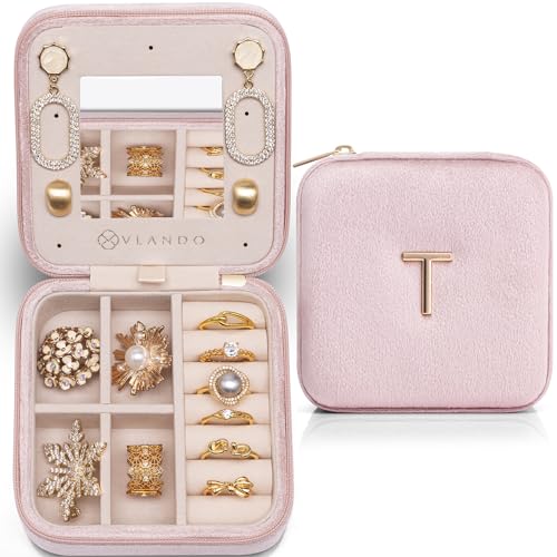 VLANDO Small Jewelry Travel Case, Letter T Case with Compact Mirror - color: Pink, size: Letter T