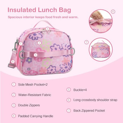 Rexmore Girls 3Pcs Backpack Set with Lunch Box & Pencil Case, Pink - color: Pink