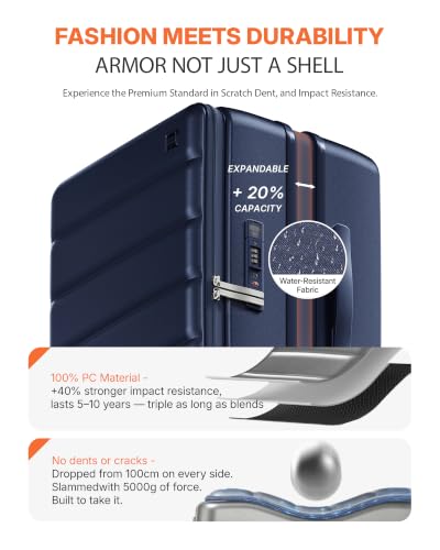 28 Inch Checked Luggage Side Opening Expandable Hardshell Suitcase, 100% PC Lightweight with Brake Spinner Wheels, TSA Lock - Large Travel Suitcase - color: Navy Blue, size: 28 IN