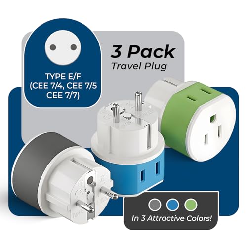 OREI Germany, France, Schuko Power Plug Adapter with 2 USA Inputs - Travel 3 Pack- Type E/F (US-9) Safe Grounded Use with Cell Phones, Laptop, Camera Chargers, CPAP, and More - style: Type E/F -Germany,France