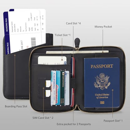 CoBak Passport Holder Cover with Safe Zipper Closure - color: Black