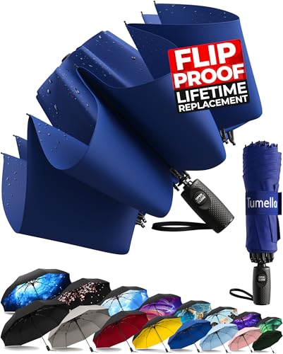 TUMELLA Reverse Folding Windproof Umbrella, Large 46", Strong & Light - color: F. Navy Blue