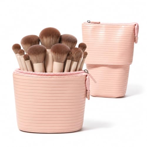 APT 1101 Convertible Travel Makeup Brush Bag, Stand-Up Brush Holder Pouch For Easy Access, Standing Portable Cosmetic Organizer, Organizer for Brushes, Beauty Tools & Accessories - color: Peach
