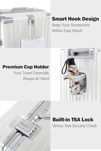 HotWay 26 Inch Checked Zipperless Luggage with Cup Holder,White - color: White (PC+Aluminum), size: Checked in 26inch