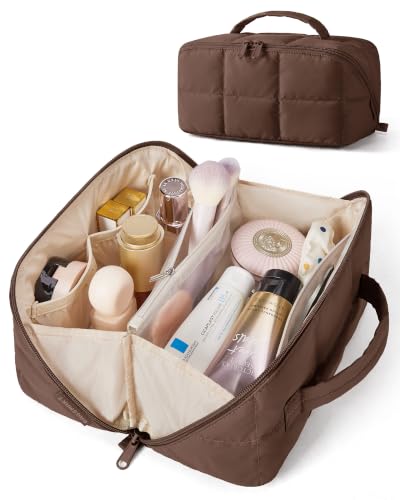BAGSMART Easy-Access Makeup Bag, Water-Resistant Travel Toiletry Organizer | Opens flat easy access roomy makeup smart compartments lightweight water-resistant dual zippers for travel daily use - color: Chocolate Brown