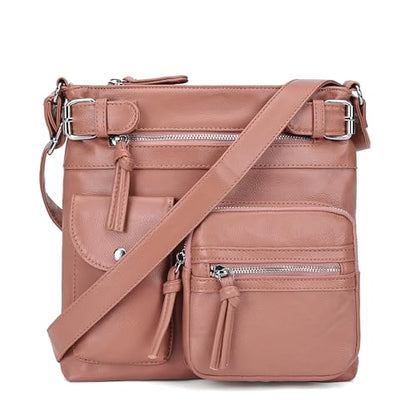 KouLi Buir Crossbody Bag for Women, Leather Purse with Adjustable Strap Lightweight Shoulder Bag with Zipper Pockets - color: Pink
