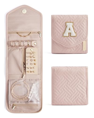 BAGSMART Travel Jewelry Organizer Case A Initial Jewelry Roll,Soft Pink - color: PInk-A, size: Small
