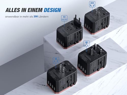 EPICKA Universal Travel Adapter with 1AC/1 USB-C/4 USB-A Ports - color: Rose Gold