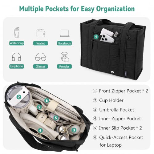 Puffer Tote Bag for Women, Lightweight Laptop Travel Tote Bags with Cup Holder & Trolley Sleeve for Work Gym - color: 02-black