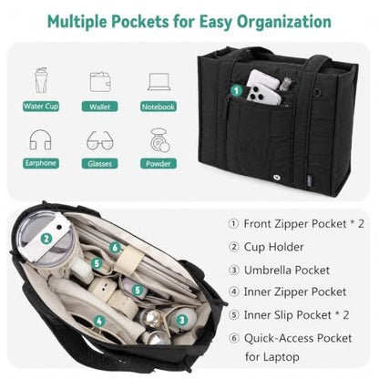 Puffer Tote Bag for Women, Lightweight Laptop Travel Tote Bags with Cup Holder & Trolley Sleeve for Work Gym - color: 02-black