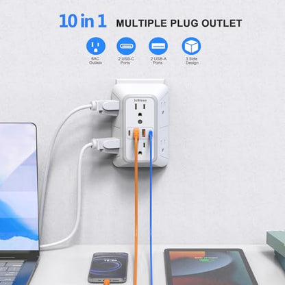 2 Pack Outlet Extender Surge Protector, 6 Outlet Splitter with 4 USB Outlet (2 USB A,2 USB C), 3Sided Power Strip with Adapter Spaced Outlets for Home, Office, Travel(White)-ETL - color: White 2 Pack