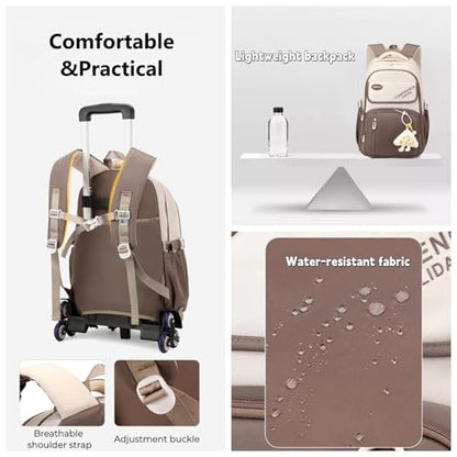 Rolling Backpack with 6 Wheels for Girls Boys, Kids Roller Book Bag for Elementary Middle School Wheeled Bag for Travel with Cute Pendant - color: 6 Wheels-275#grey