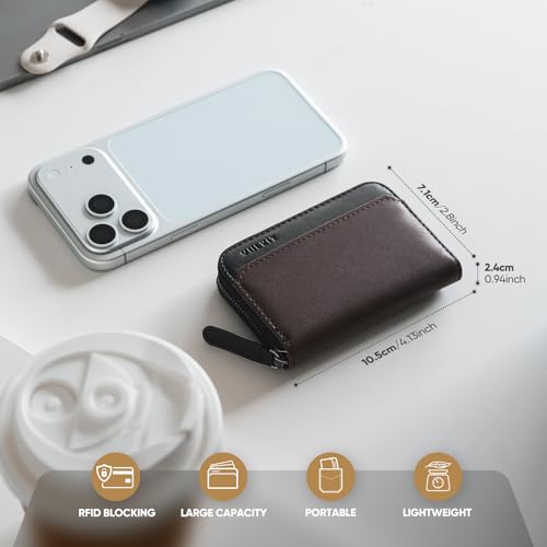 VULKIT RFID Blocking Credit Card Holder, Leather Business Card Holder Case, Minimalist Zipper Wallet, Walnut Brown - color: Walnut Brown