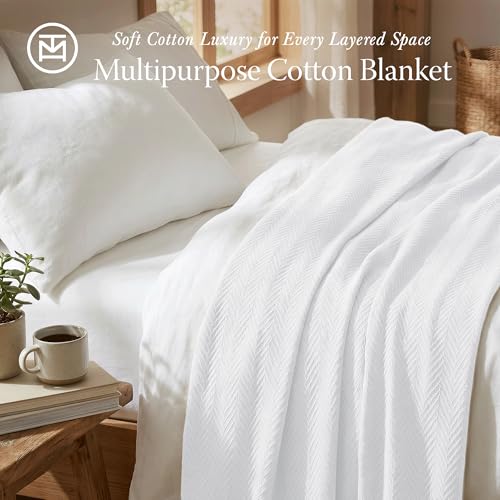 Threadmill Luxury 100% Cotton Twin Herringbone Blanket, Bright White - color: Bright White, size: Twin (68" x 92")