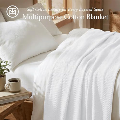 Threadmill Luxury 100% Cotton King Herringbone Blanket, Bright White - color: Bright White, size: King (106" x 92")
