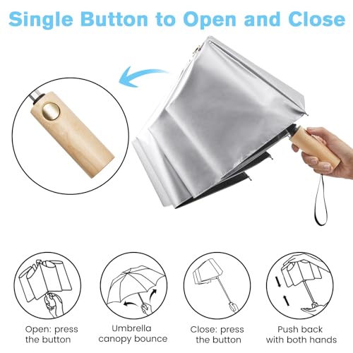 G4Free Windproof Travel Umbrella with Large Wooden Handle 46" Canopy - color: Silver/Black
