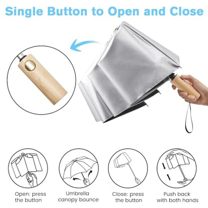G4Free Windproof Travel Umbrella with Large Wooden Handle 46" Canopy - color: Silver/Black