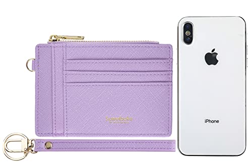 Wikavanli Women Slim Rfid Blocking Credit Card Case Holder Wristlet Zip ID Case Wallet Small Compact Leather Wallet Coin Purse with Keychain (Light Purple a) - color: Light Purple a