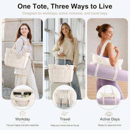 U+U Puffer Tote Bag for Women, Quilted Work Tote with Compartments - color: Cream
