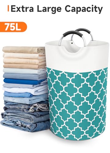 Large Laundry Basket, 75L Tall Collapsible Hamper with Handles, Green - color: Green, size: 75l
