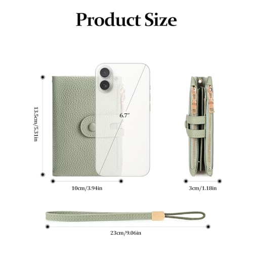FALAN MULE Small Wallet for Women Leather RFID Blocking Wristlet Bifold Card Holder with Double Zipper Pockets - color: R-Light green
