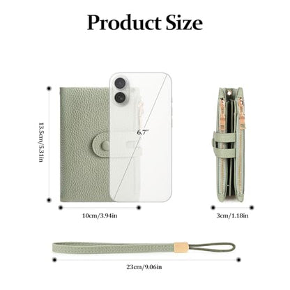 FALAN MULE Small Wallet for Women Leather RFID Blocking Wristlet Bifold Card Holder with Double Zipper Pockets - color: R-Light green