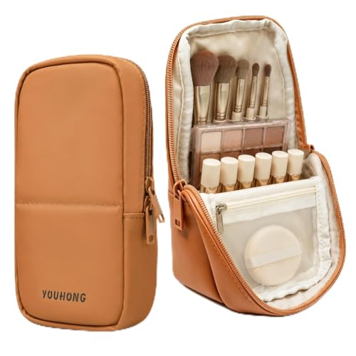 Standing Travel Makeup Brush Bag, Small Brush Holder Cosmetic Bag, Brown - color: Brown, size: S