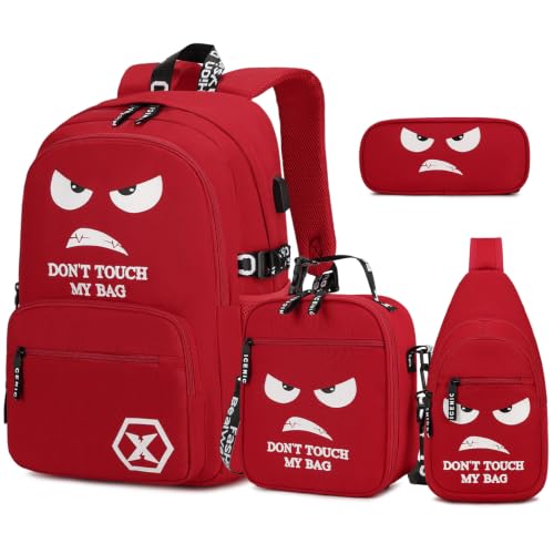 Backpack for Boys, 4PCS Cool Luminous Boy Backpack with Lunch Box | Sling Bag & Pencil Case for Kids, Bookbag for Boys Teens Elementary Middle School Students, Schoolbag Glow In The Dark - color: Red