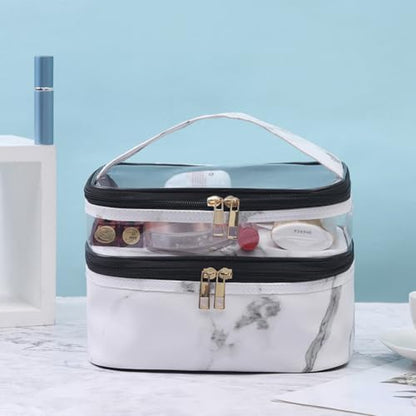 FITINI Makeup Bags Double Layer Travel Storage Cosmetic Cases Make up Organizer Toiletry Bags Water-resistant for Women Makeup Brush Bag,White Marble - color: White Marble