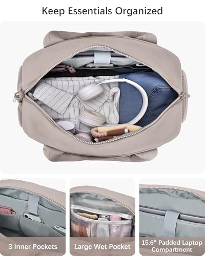 oscaurt Gym Bag for Women Puffer Duffle Bag for Travel Water Resistant Carry On Weekender Overnight Duffel Dance Bag with Shoe Compartment - color: Camel
