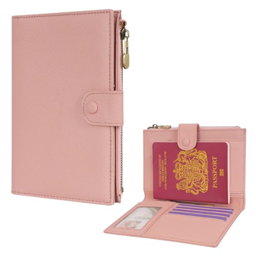 Leather Passport Cover Wallet Travel Essentials Holder with Zipper Pocket - color: Pink