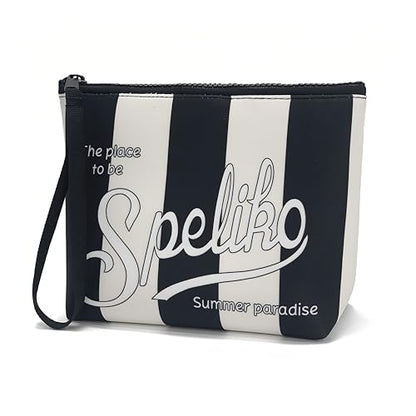 Makeup Bag with Wrist Strap, Waterproof Neoprene Cosmetic Pouch, Travel Toiletry Bag for Women, Compact for Purse - color: Black & White