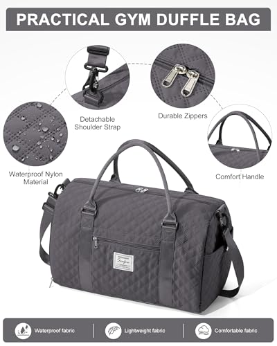 Gym Duffle Bag for Women with Shoe Compartment Waterproof Travel Tote Bags Personal Item Carry On Weekender Overnight Bags with Toiletry Bag Swimming Yoga Bags Hospital Holdalls Black Grey - color: C3-Grid-Back Grey