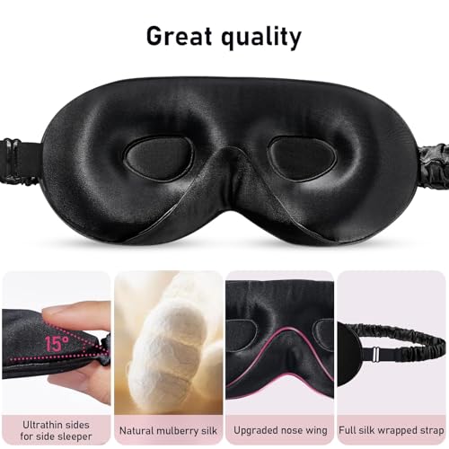 LitBear 100% 22 Momme Mulberry Silk Sleep Mask - 3D Contoured, Black - color: Black