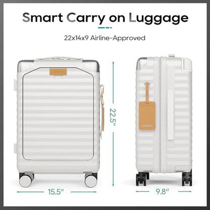 Joyway 20 Inch Carry on Luggage with Front Pocket and Cup Holder, White - color: White