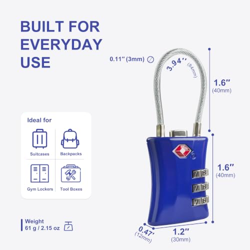 Suitcase Locks TSA Approved, Small Padlock Combination, TSA Locks for Luggage, Combo Travel Padlock with Code for Backpack, Gym Locker, Ammo Can (Black+Blue) - color: Black+Blue