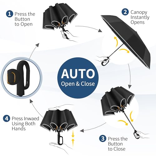 Seniny Travel Umbrella with UV Sun Protection, Large Rain Umbrellas, Black | One-Touch Automatic Umbrella with Carabiner Handle & Reflective Strip, Portable Compact Umbrella for Car Backpack - color: Black
