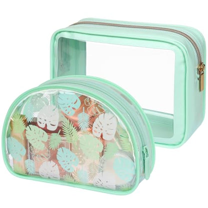 PACKISM Clear Makeup Bag Foldable - TSA Approved Toiletry Bag for Travel - color: 2 Pack Green Turtle Leaves Print, size: Hybrid Traveler (1 Large & 1 Medium - Soft)