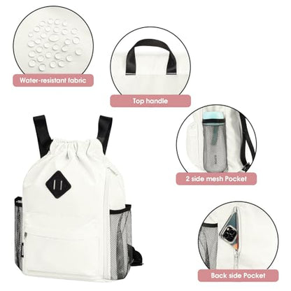 WANDF Drawstring Backpack with Shoe Compartment, Sports Gym Bag - color: S, Beige, size: Small