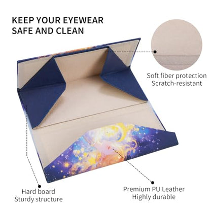 Foldable Glasses Case, Magnetic PU Leahter Sunglasses Case, Cute Hard Shell Folding Eyeglass Cases for Women Kids - color: Blue Dream